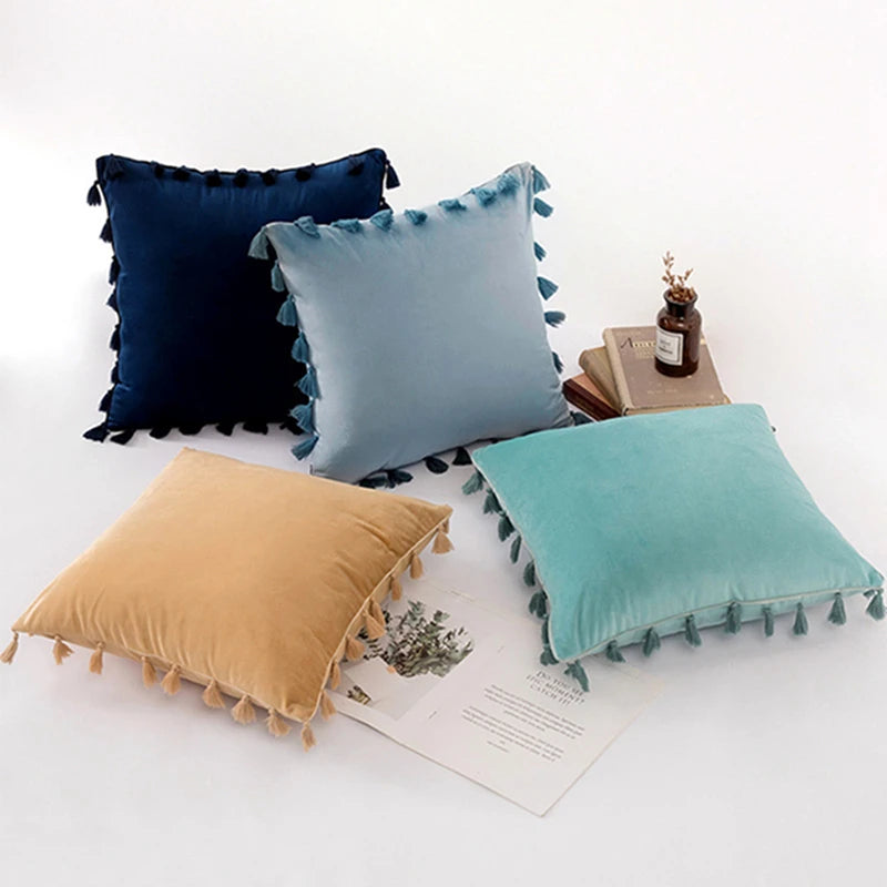 Inyahome Water Blue Velvet Soft Solid Decorative Throw Pillow Cover with Tassels Fringe Boho Cushion Case for Couch Sofa Bed