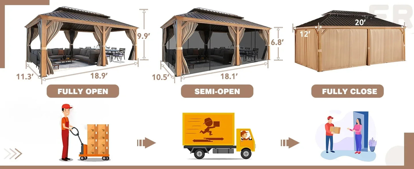 Hardtop Gazebo, Wooden Finish Coated Aluminum Frame Gazebo with Galvanized Steel Roof, with Curtains and Nettings