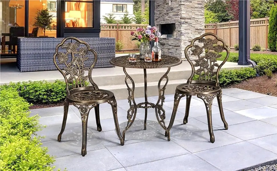 3-Piece Outdoor Bistro Set w/Rose Design, Rust-Resistant Cast Aluminum Table and Chairs   table and chairs set