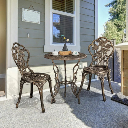 3-Piece Outdoor Bistro Set w/Rose Design, Rust-Resistant Cast Aluminum Table and Chairs   table and chairs set