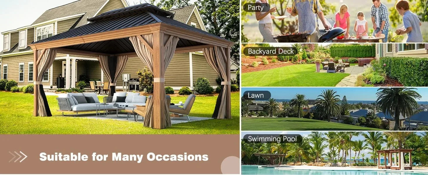 Hardtop Gazebo, Wooden Finish Coated Aluminum Frame Gazebo with Galvanized Steel Roof, with Curtains and Nettings