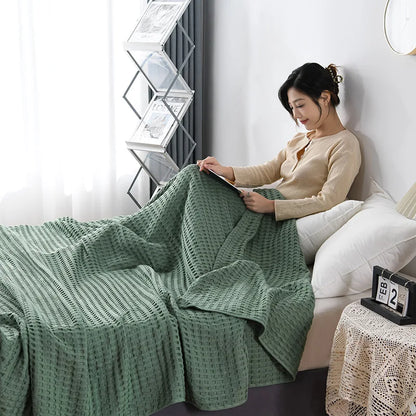 Summer Waffle Plaid Cotton Bed Blanket Throw Thin Quilt Knitted Bedspread Home Hotel Coverlets Green Pink Throw Blankets