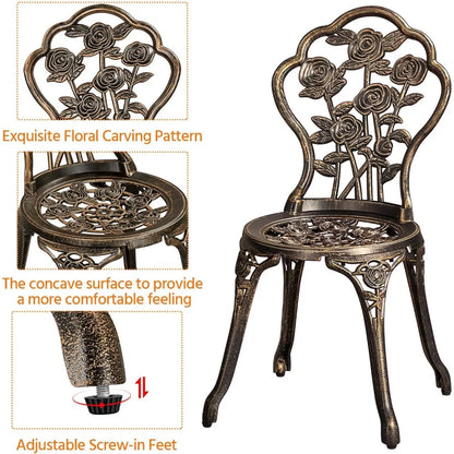 3-Piece Outdoor Bistro Set w/Rose Design, Rust-Resistant Cast Aluminum Table and Chairs   table and chairs set