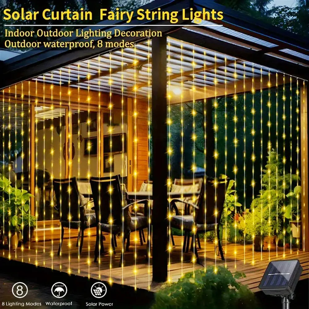 Solar Curtain Light Outdoor Waterproof Solar Fairy Garland String Lights Garden Yard Pavilion Wedding Party Holiday Decor Lights