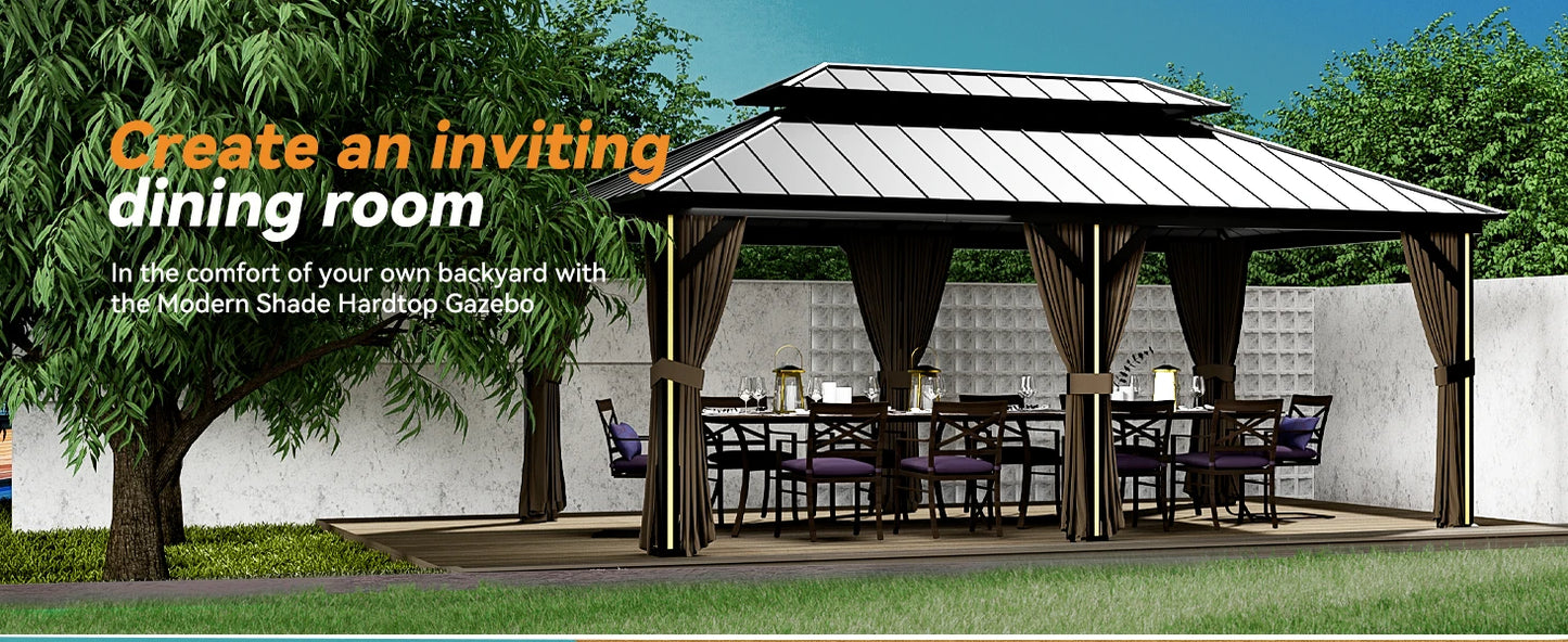 Outdoor Gazebo with Galvanized Steel Double Roof, Netting and Curtains for Patios