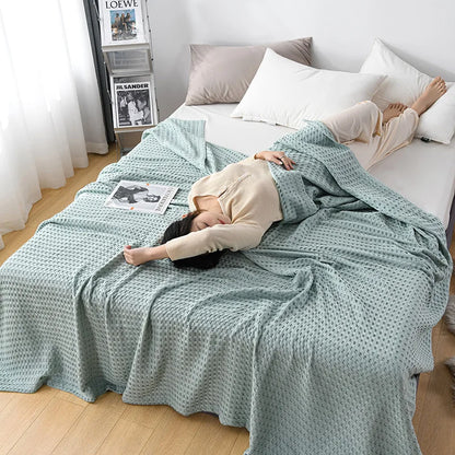 Summer Waffle Plaid Cotton Bed Blanket Throw Thin Quilt Knitted Bedspread Home Hotel Coverlets Green Pink Throw Blankets