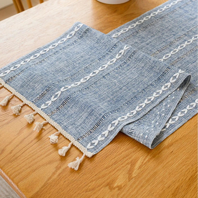 Table Runners Boho Rustic Tassels Farmhouse Braided Striped Cotton Linen for Dining Table Decoration