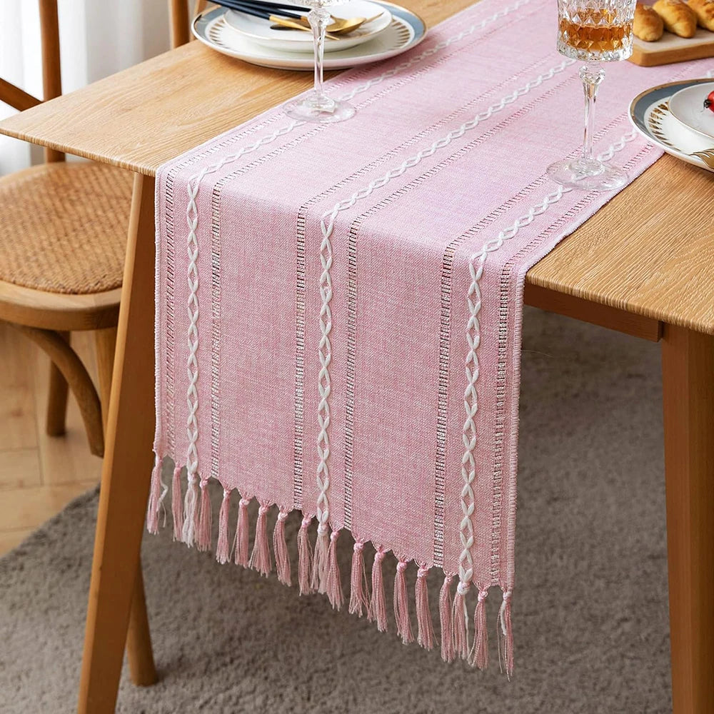 Table Runners Boho Rustic Tassels Farmhouse Braided Striped Cotton Linen for Dining Table Decoration