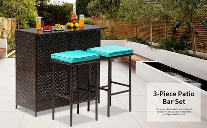 3PCS Patio Bar Set Outdoor Furniture Set Wicker Bistro Set with Two Stools