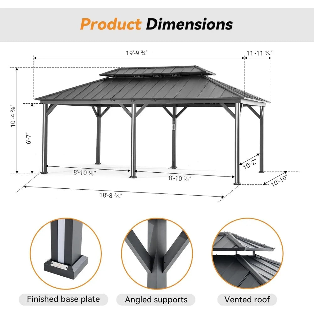 Outdoor Gazebo with Galvanized Steel Double Roof, Netting and Curtains for Patios