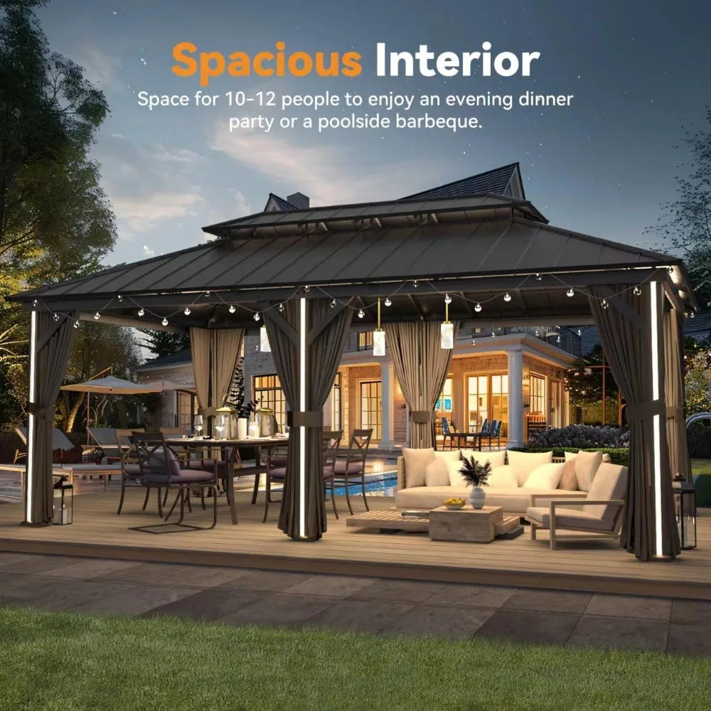 Outdoor Gazebo with Galvanized Steel Double Roof, Netting and Curtains for Patios