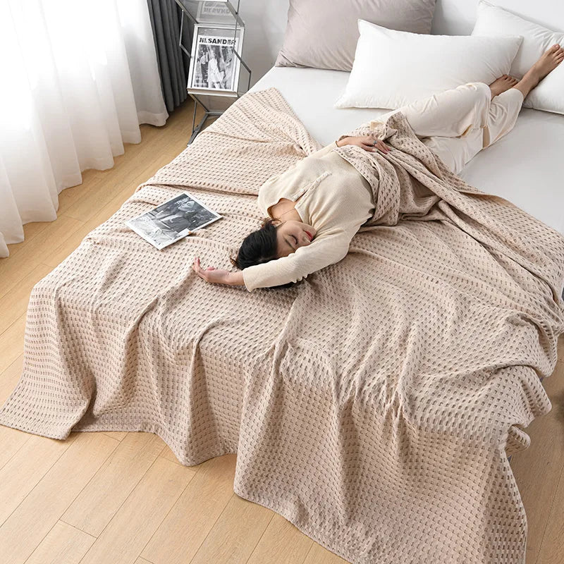 Summer Waffle Plaid Cotton Bed Blanket Throw Thin Quilt Knitted Bedspread Home Hotel Coverlets Green Pink Throw Blankets