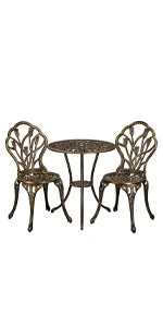 3-Piece Outdoor Bistro Set w/Rose Design, Rust-Resistant Cast Aluminum Table and Chairs   table and chairs set