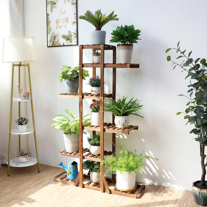 6 Tier Wooden Plant Stand Carbonized Wood Plant Stand Holder