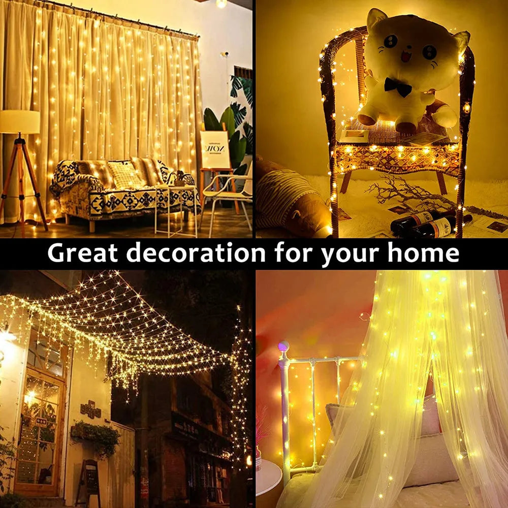 Solar Curtain Light Outdoor Waterproof Solar Fairy Garland String Lights Garden Yard Pavilion Wedding Party Holiday Decor Lights