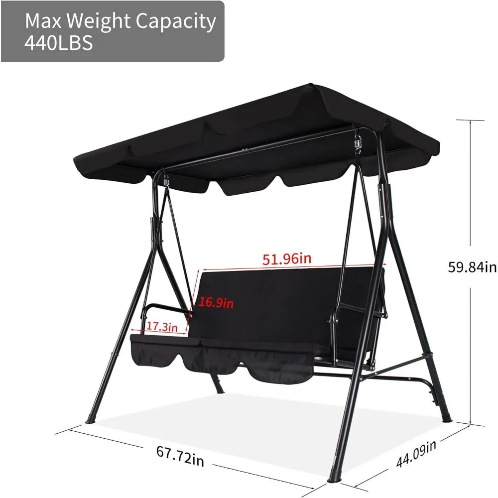 3-Seat Patio Swing Chair, Outdoor Porch Swing with Adjustable Canopy and Durable Steel Frame for Patio.