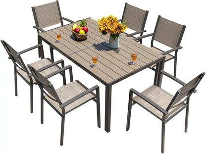 Patio Dining Set 7 Pieces Outdoor Furniture with Large Table and 6 Textilene Chairs for Porch, Brown