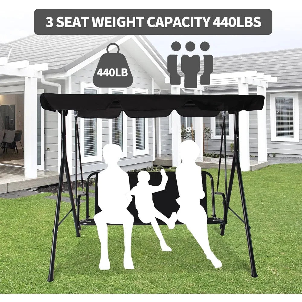 3-Seat Patio Swing Chair, Outdoor Porch Swing with Adjustable Canopy and Durable Steel Frame for Patio.