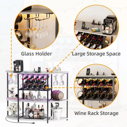 Wine Bar Cabinet with LED Lights and Power Outlets, Freestanding Coffee Liquor Bar Cabinet with Glass Holder