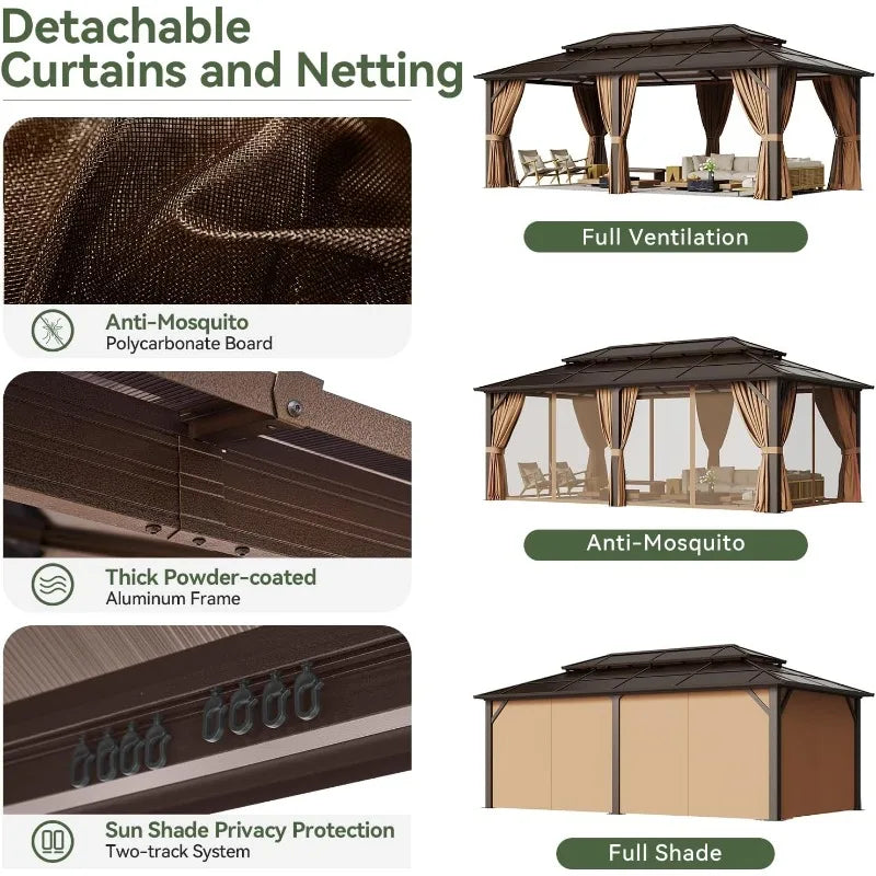 Hardtop Gazebo, Aluminum Frame Permanent Pavilion with Curtains and Netting, Outdoor Polycarbonate Double Roof Canopy