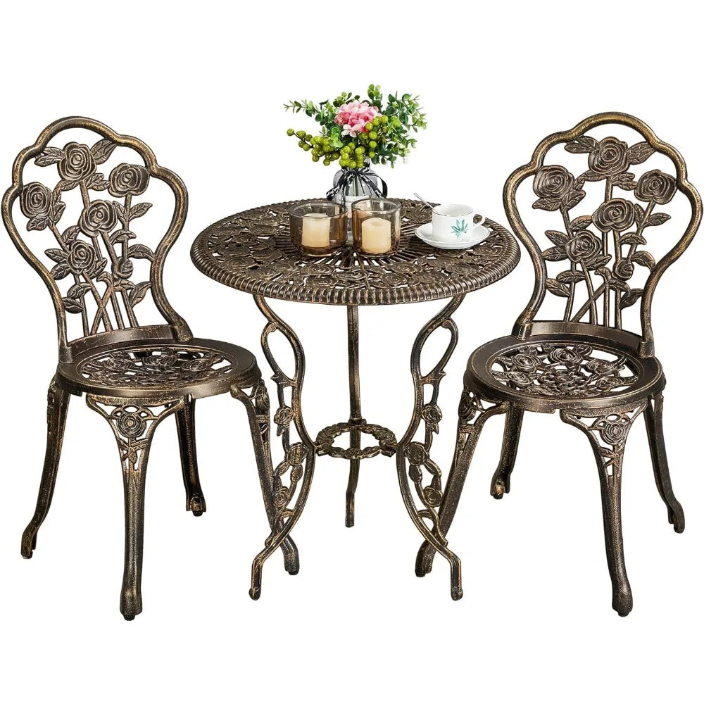 3-Piece Outdoor Bistro Set w/Rose Design, Rust-Resistant Cast Aluminum Table and Chairs   table and chairs set