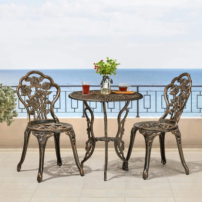 3-Piece Outdoor Bistro Set w/Rose Design, Rust-Resistant Cast Aluminum Table and Chairs   table and chairs set