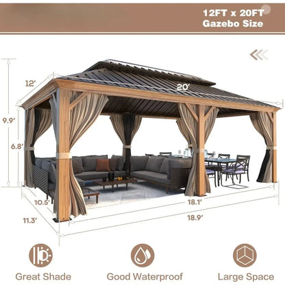 Hardtop Gazebo, Wooden Finish Coated Aluminum Frame Gazebo with Galvanized Steel Roof, with Curtains and Nettings