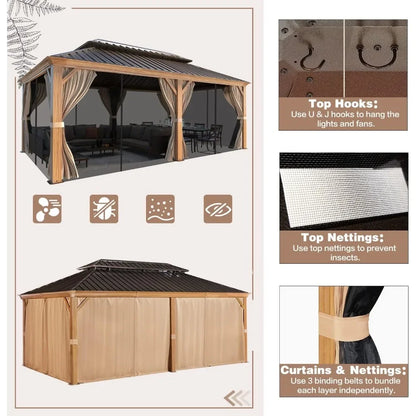 Hardtop Gazebo, Wooden Finish Coated Aluminum Frame Gazebo with Galvanized Steel Roof, with Curtains and Nettings