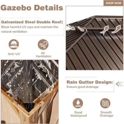 Hardtop Gazebo, Wooden Finish Coated Aluminum Frame Gazebo with Galvanized Steel Roof, with Curtains and Nettings