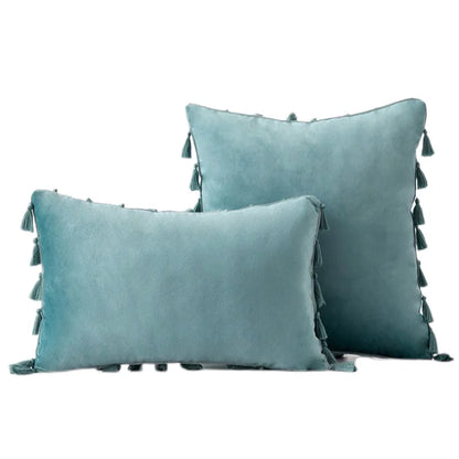 Inyahome Water Blue Velvet Soft Solid Decorative Throw Pillow Cover with Tassels Fringe Boho Cushion Case for Couch Sofa Bed