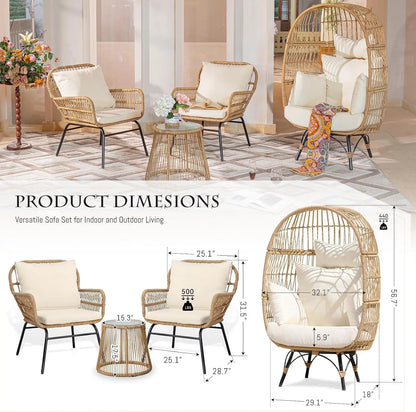 4 Piece Boho Patio Furniture Outdoor Bistro Chair Set with Large Egg Chair and Round Tempered Glass Table, Great