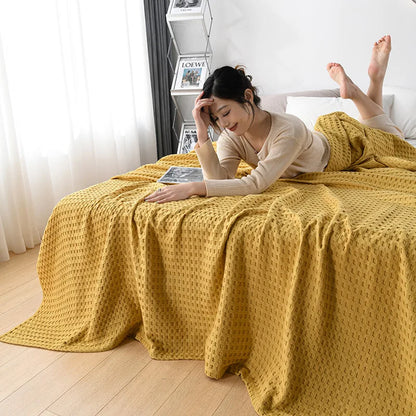 Summer Waffle Plaid Cotton Bed Blanket Throw Thin Quilt Knitted Bedspread Home Hotel Coverlets Green Pink Throw Blankets