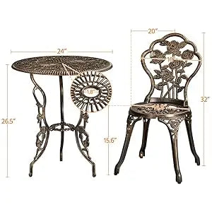 3-Piece Outdoor Bistro Set w/Rose Design, Rust-Resistant Cast Aluminum Table and Chairs   table and chairs set