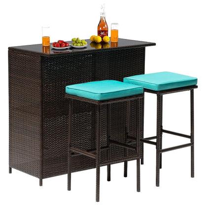 3PCS Patio Bar Set Outdoor Furniture Set Wicker Bistro Set with Two Stools