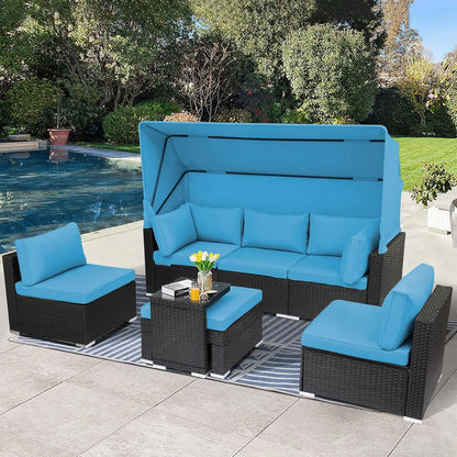 7 Pieces Patio Furniture Sets Daybed with Retractable Canopy,Rattan Sectional Sofa Set, Wicker Patio Seating Chairs