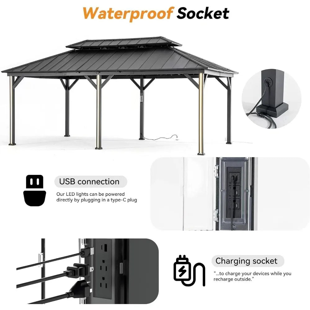 Outdoor Gazebo with Galvanized Steel Double Roof, Netting and Curtains for Patios