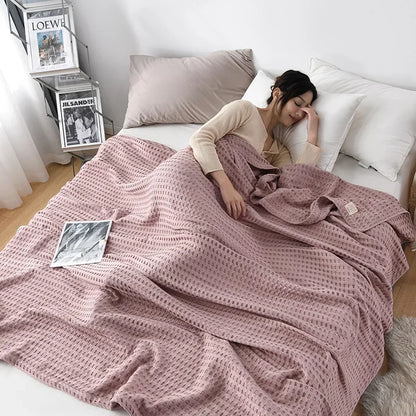 Summer Waffle Plaid Cotton Bed Blanket Throw Thin Quilt Knitted Bedspread Home Hotel Coverlets Green Pink Throw Blankets