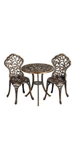 3-Piece Outdoor Bistro Set w/Rose Design, Rust-Resistant Cast Aluminum Table and Chairs   table and chairs set