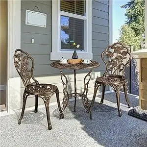 3-Piece Outdoor Bistro Set w/Rose Design, Rust-Resistant Cast Aluminum Table and Chairs   table and chairs set