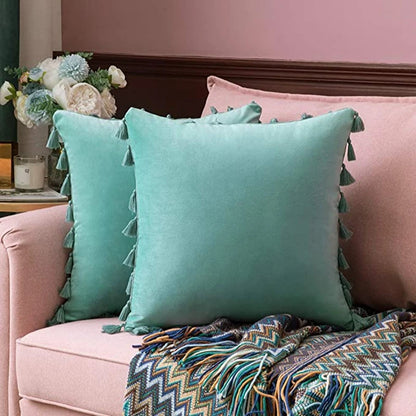 Inyahome Water Blue Velvet Soft Solid Decorative Throw Pillow Cover with Tassels Fringe Boho Cushion Case for Couch Sofa Bed