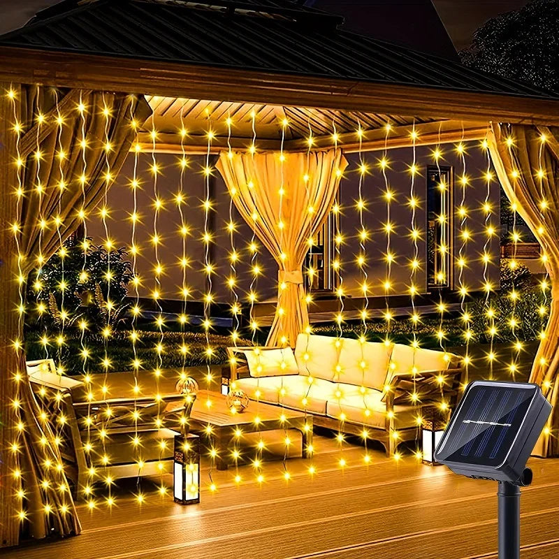 Solar Curtain Light Outdoor Waterproof Solar Fairy Garland String Lights Garden Yard Pavilion Wedding Party Holiday Decor Lights