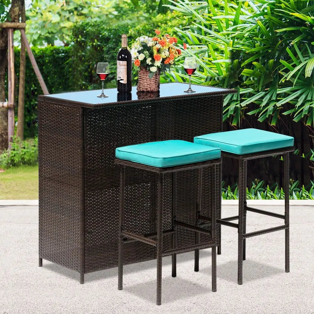 3PCS Patio Bar Set Outdoor Furniture Set Wicker Bistro Set with Two Stools