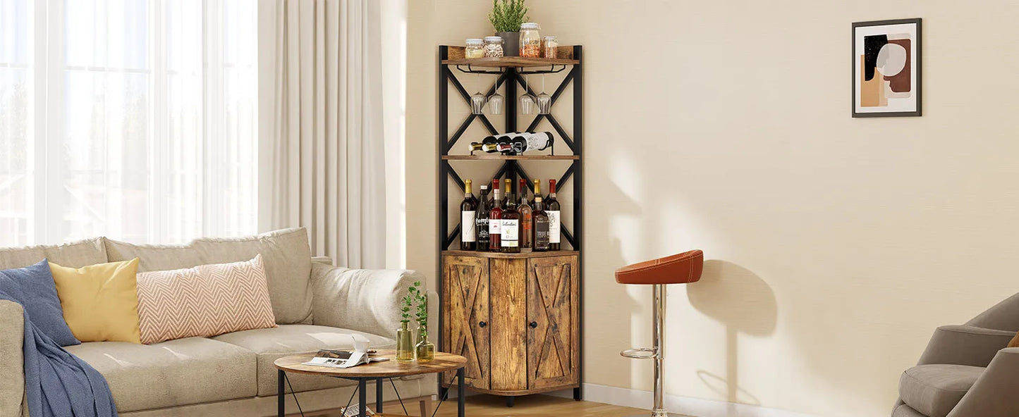 Corner Bar Cabinet with Glass & Wine Holder, 5-Tiers Liquor Cabinet Bar