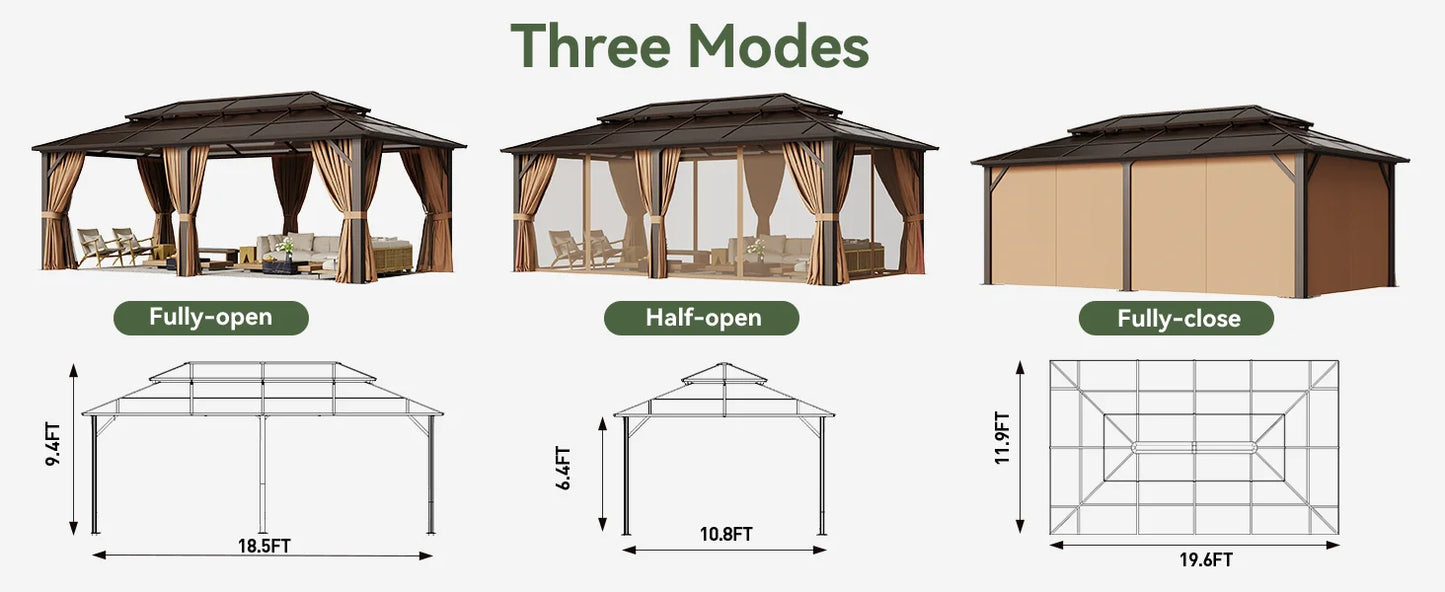 Hardtop Gazebo, Aluminum Frame Permanent Pavilion with Curtains and Netting, Outdoor Polycarbonate Double Roof Canopy