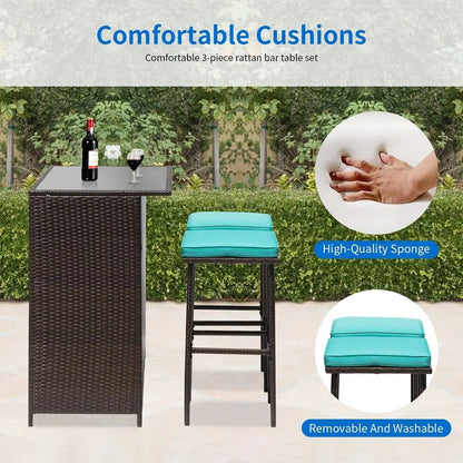 3PCS Patio Bar Set Outdoor Furniture Set Wicker Bistro Set with Two Stools