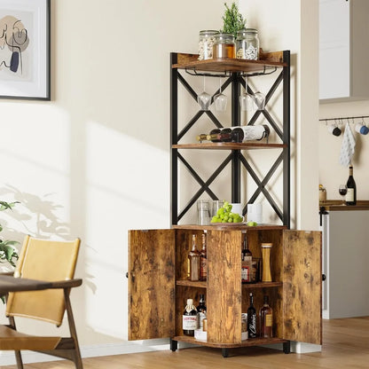 Corner Bar Cabinet with Glass & Wine Holder, 5-Tiers Liquor Cabinet Bar